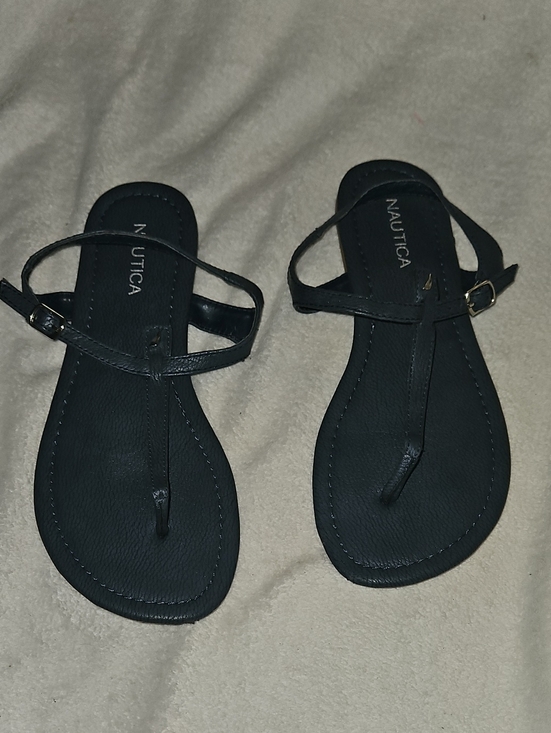 Nautica Shoes - Womens Nautica Navy Pebble Faux Leather T-Strap Adjustable Ankle Strap Sandals